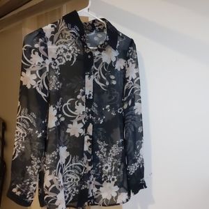 Women button down sheer black floral blouse